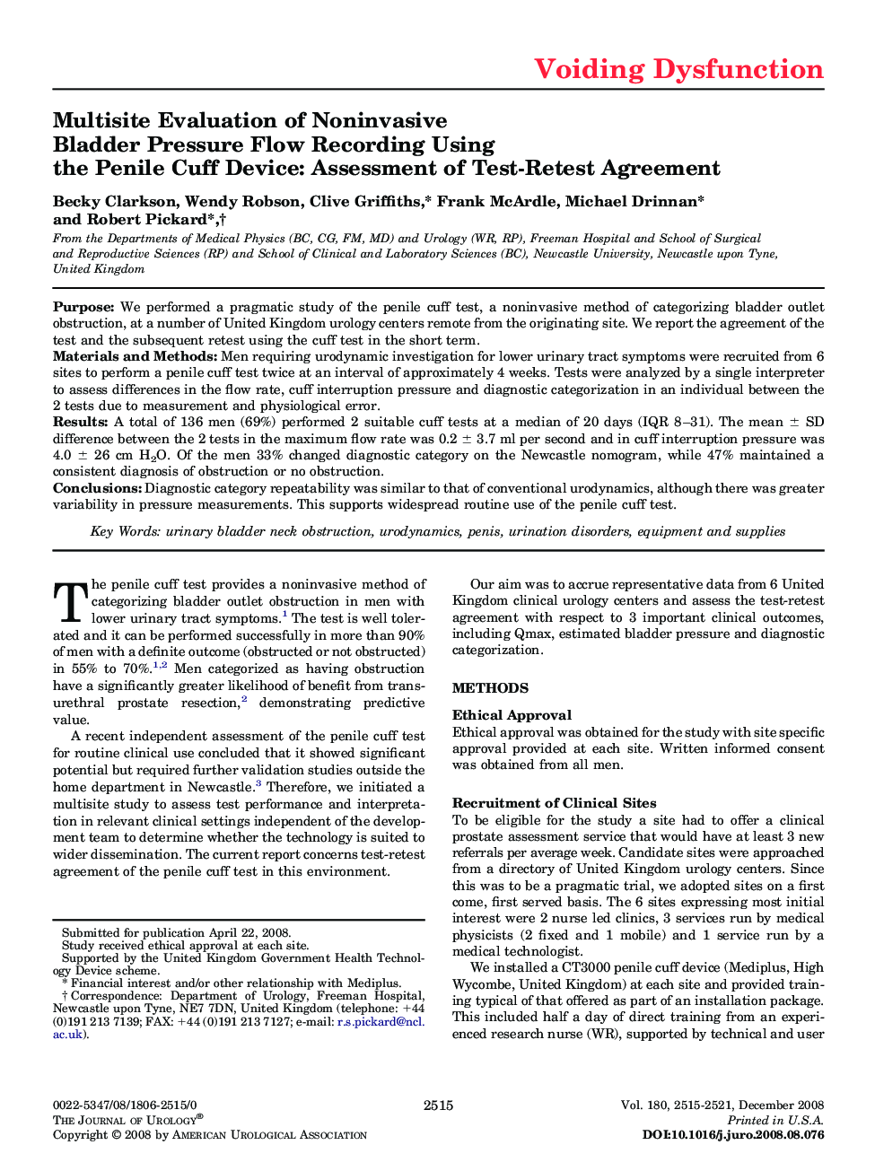 Multisite Evaluation of Noninvasive Bladder Pressure Flow Recording Using the Penile Cuff Device: Assessment of Test-Retest Agreement 