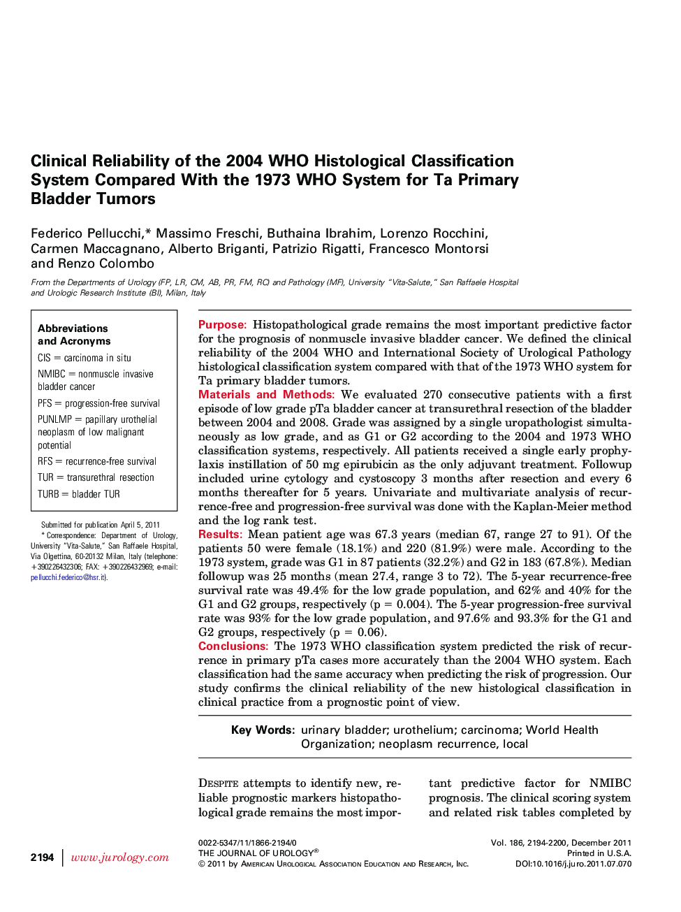 Clinical Reliability of the 2004 WHO Histological Classification System Compared With the 1973 WHO System for Ta Primary Bladder Tumors