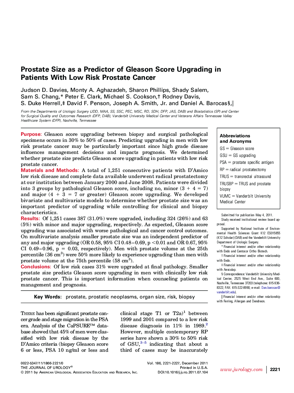 Prostate Size as a Predictor of Gleason Score Upgrading in Patients With Low Risk Prostate Cancer 