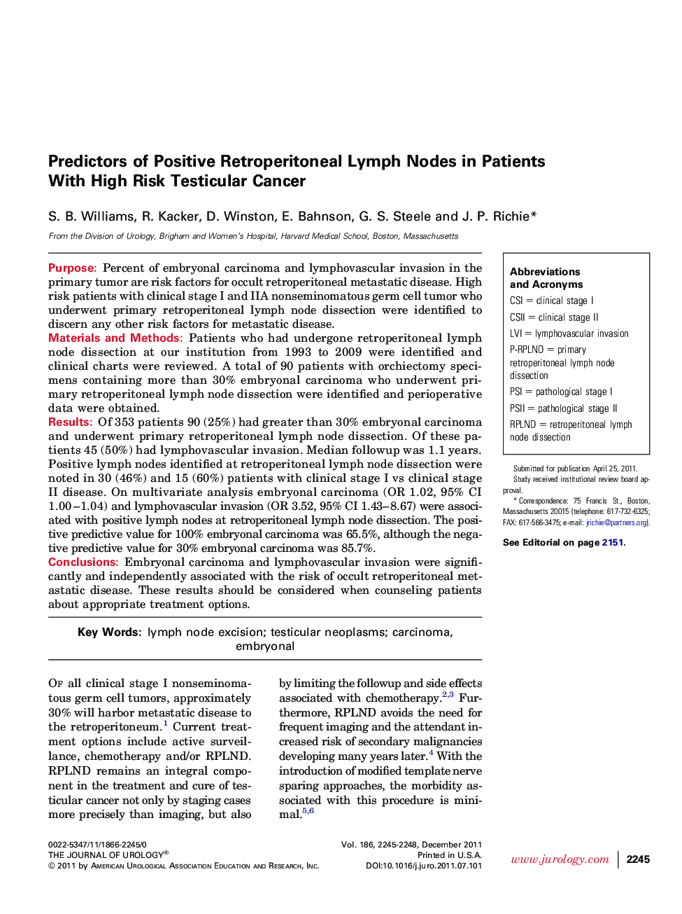 Predictors of Positive Retroperitoneal Lymph Nodes in Patients With High Risk Testicular Cancer 