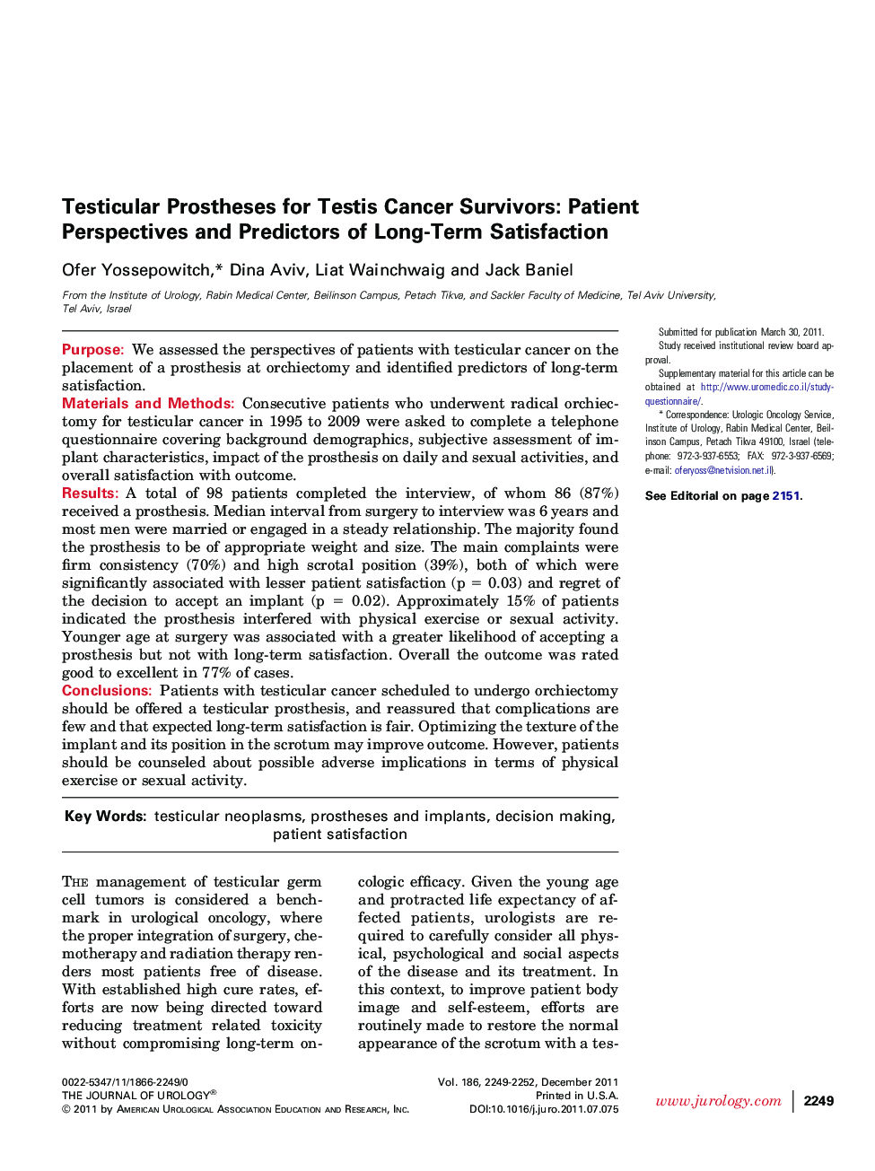 Testicular Prostheses for Testis Cancer Survivors: Patient Perspectives and Predictors of Long-Term Satisfaction 