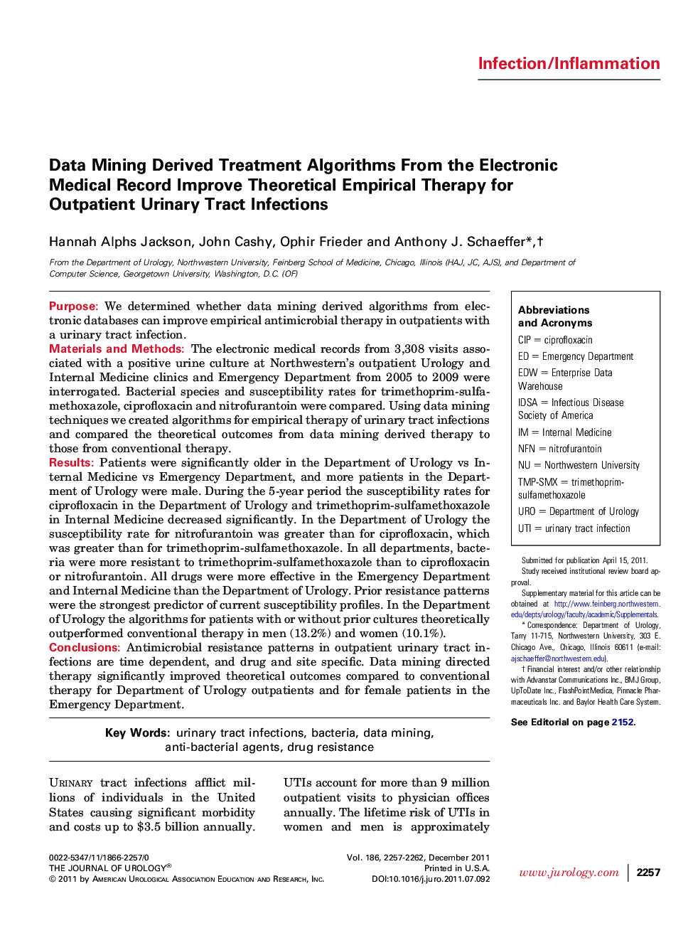 Data Mining Derived Treatment Algorithms From the Electronic Medical Record Improve Theoretical Empirical Therapy for Outpatient Urinary Tract Infections 