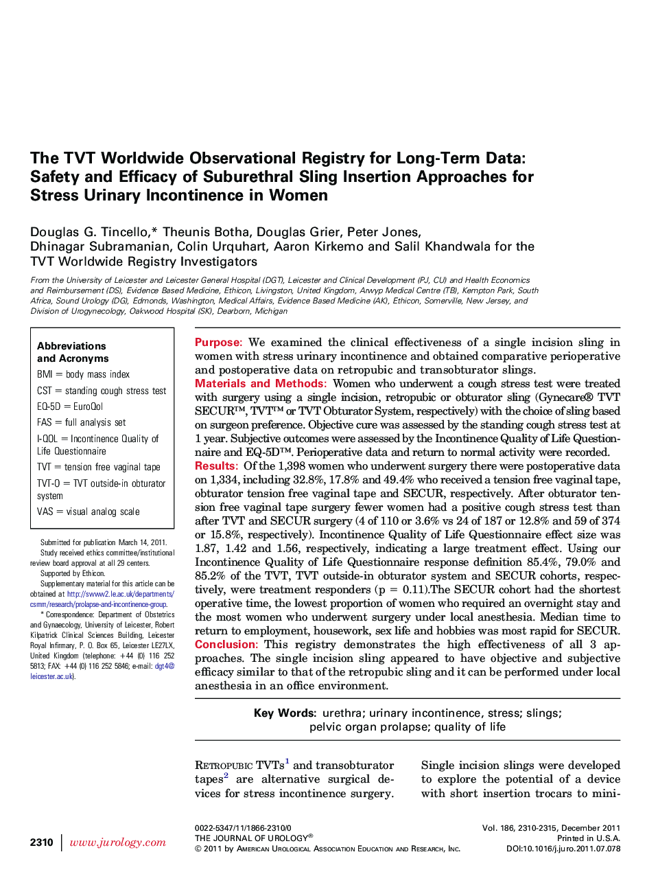 The TVT Worldwide Observational Registry for Long-Term Data: Safety and Efficacy of Suburethral Sling Insertion Approaches for Stress Urinary Incontinence in Women