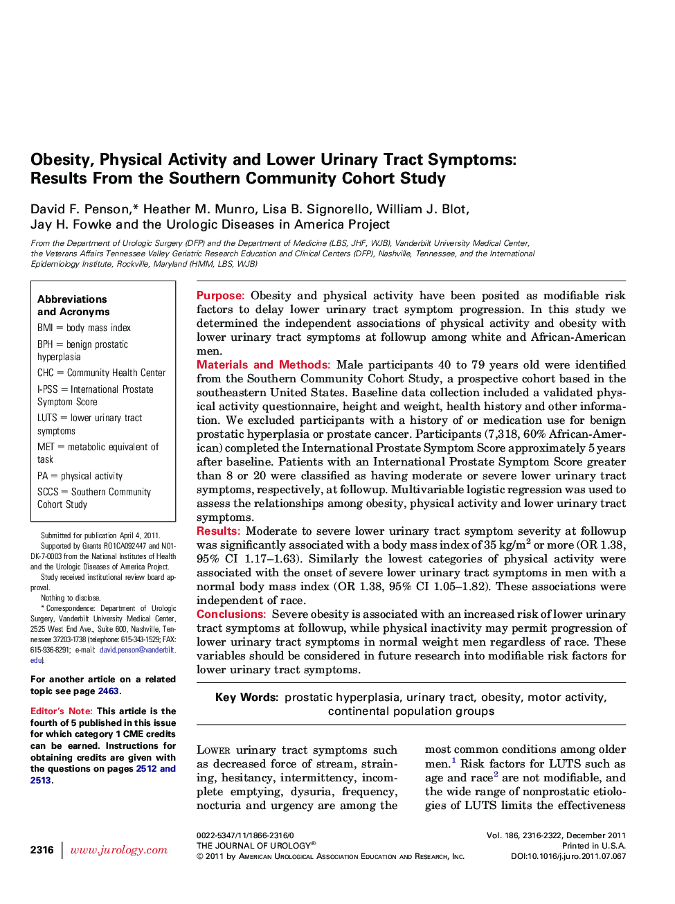 Obesity, Physical Activity and Lower Urinary Tract Symptoms: Results From the Southern Community Cohort Study