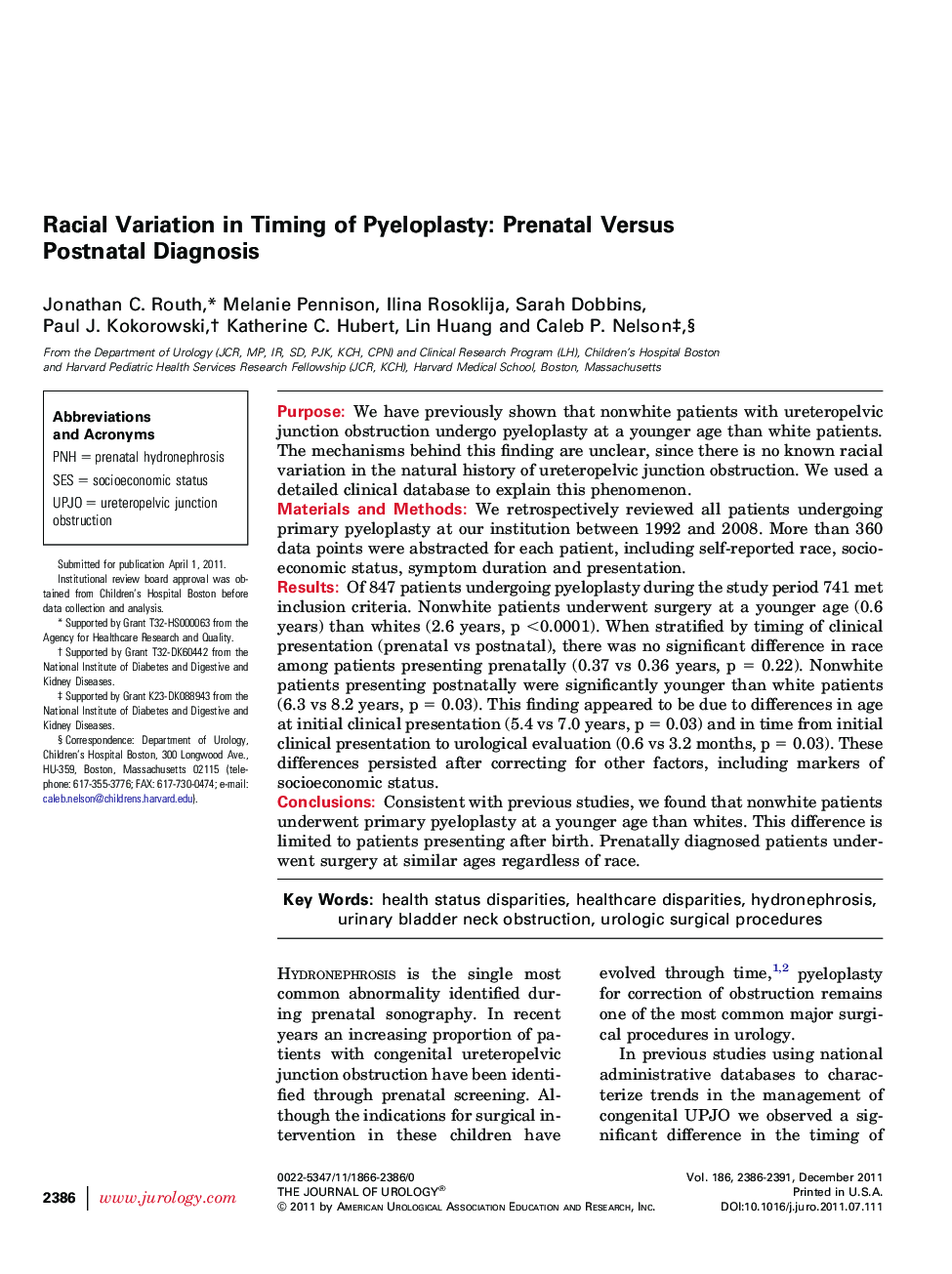 Racial Variation in Timing of Pyeloplasty: Prenatal Versus Postnatal Diagnosis