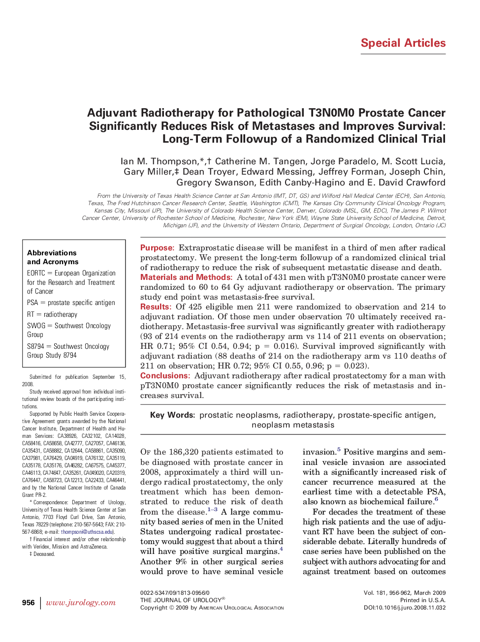 Adjuvant Radiotherapy for Pathological T3N0M0 Prostate Cancer Significantly Reduces Risk of Metastases and Improves Survival: Long-Term Followup of a Randomized Clinical Trial 