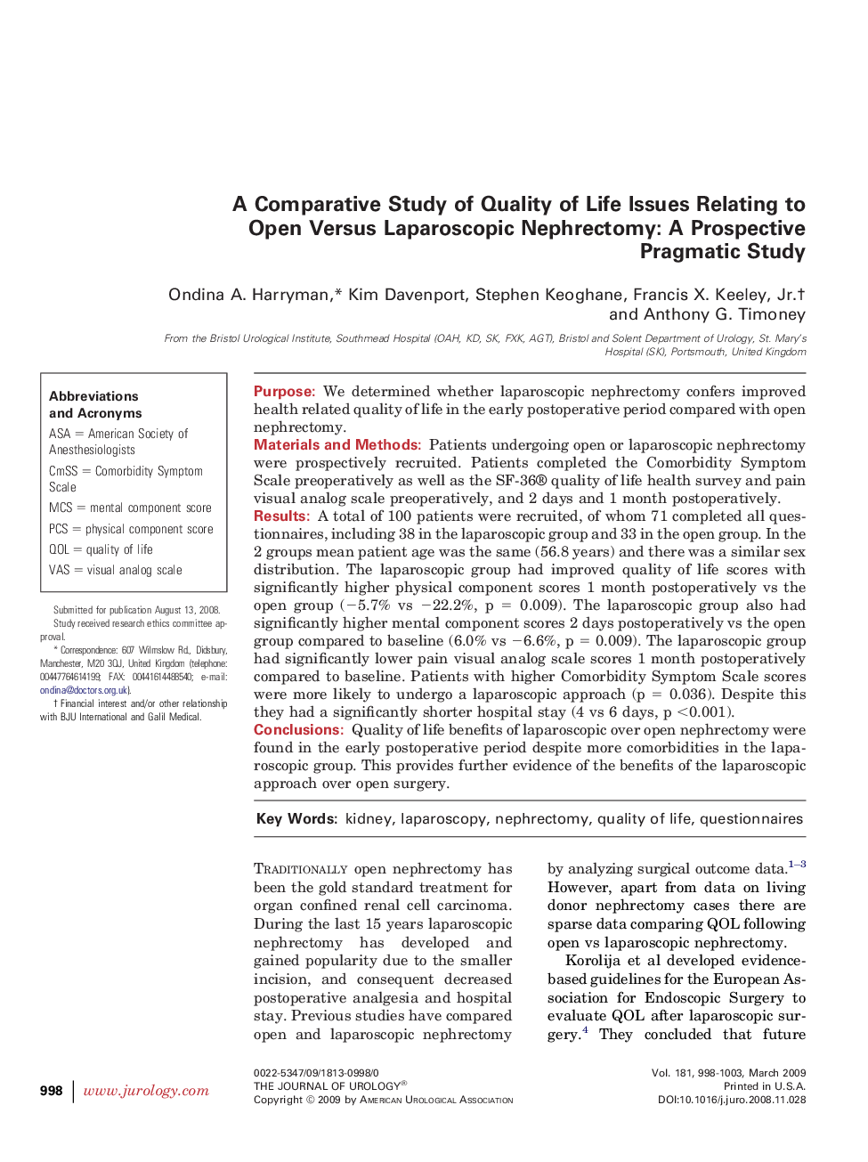 A Comparative Study of Quality of Life Issues Relating to Open Versus Laparoscopic Nephrectomy: A Prospective Pragmatic Study