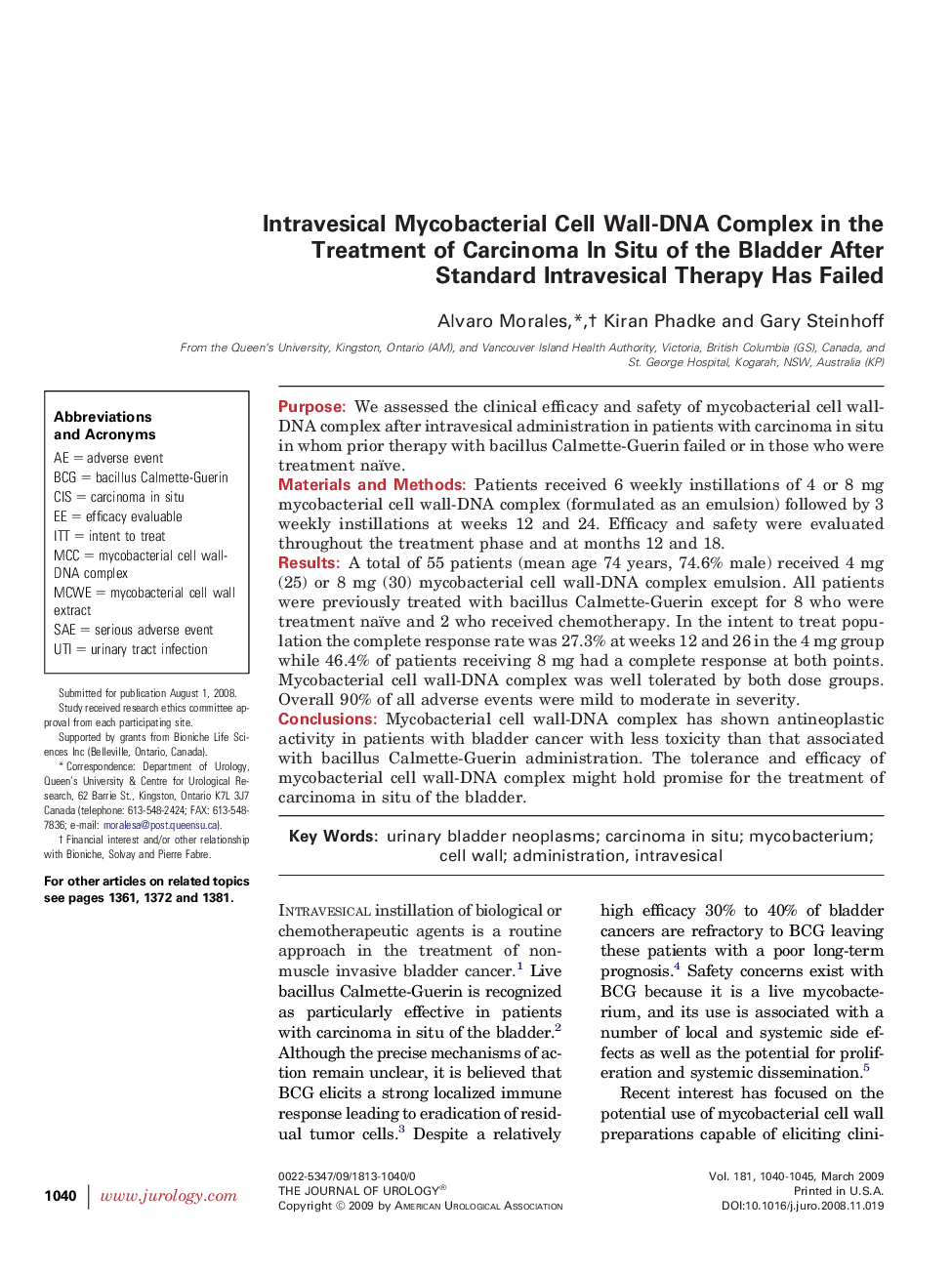 Intravesical Mycobacterial Cell Wall-DNA Complex in the Treatment of Carcinoma In Situ of the Bladder After Standard Intravesical Therapy Has Failed 