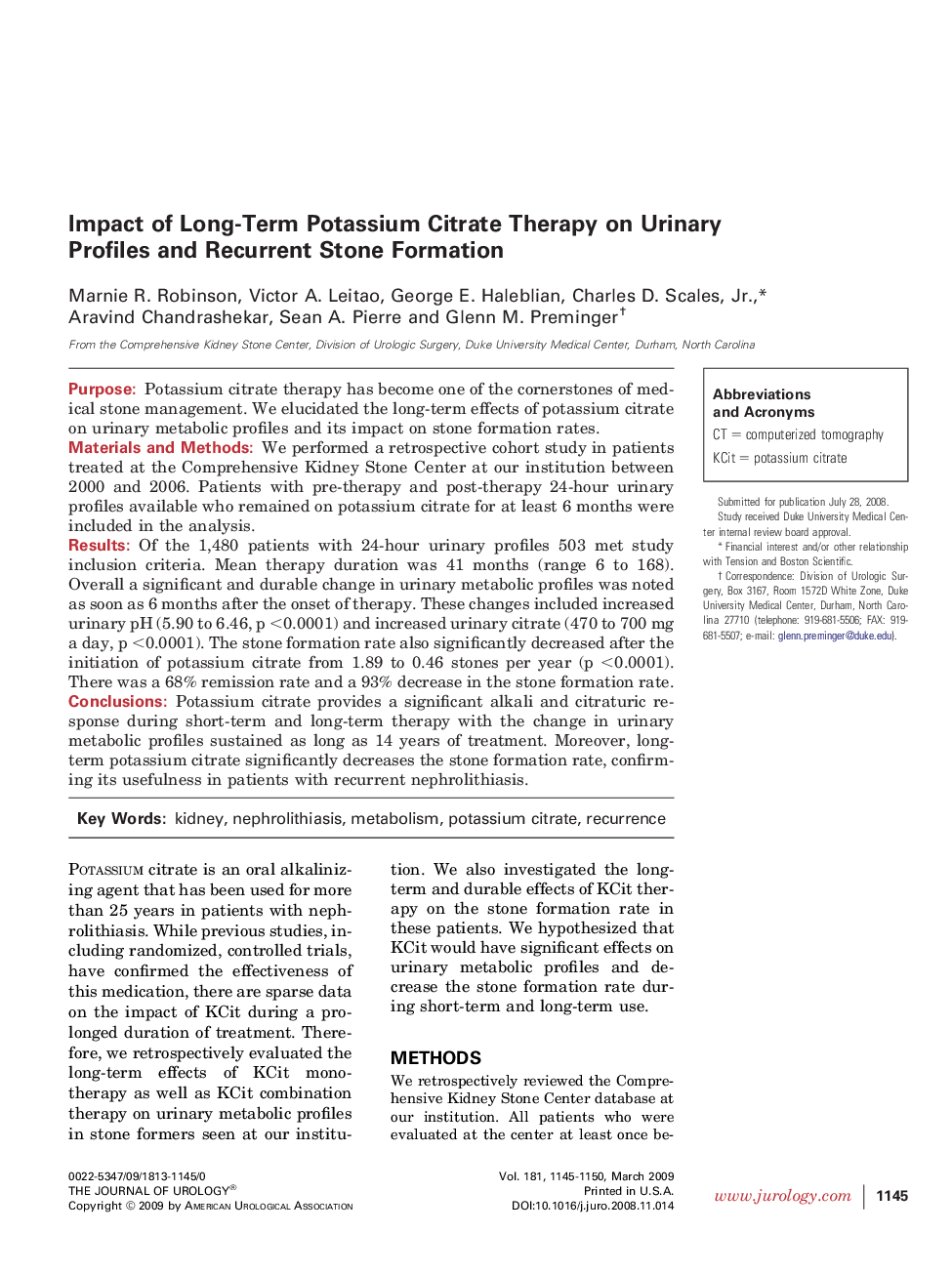 Impact of Long-Term Potassium Citrate Therapy on Urinary Profiles and Recurrent Stone Formation 