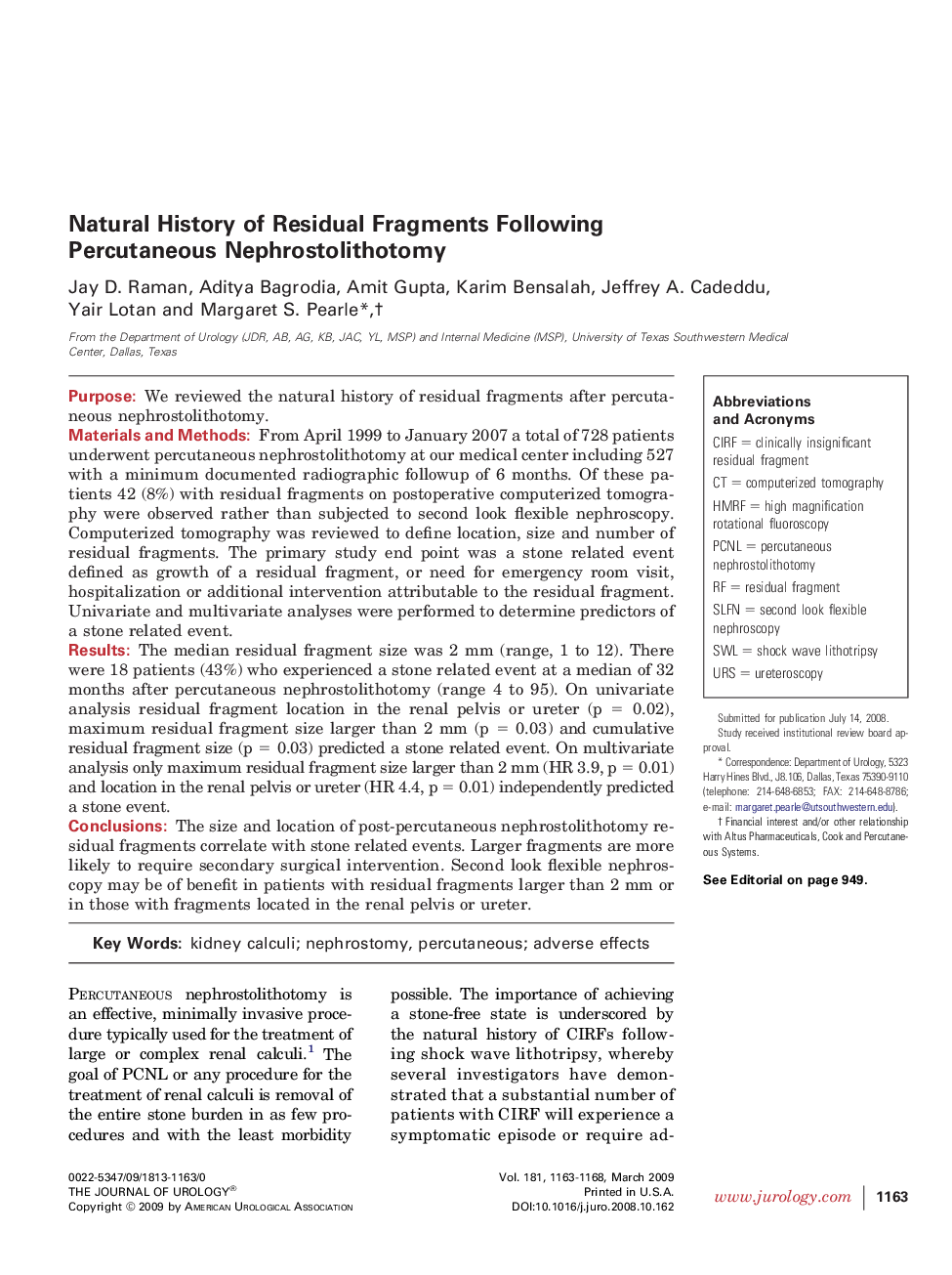 Natural History of Residual Fragments Following Percutaneous Nephrostolithotomy 