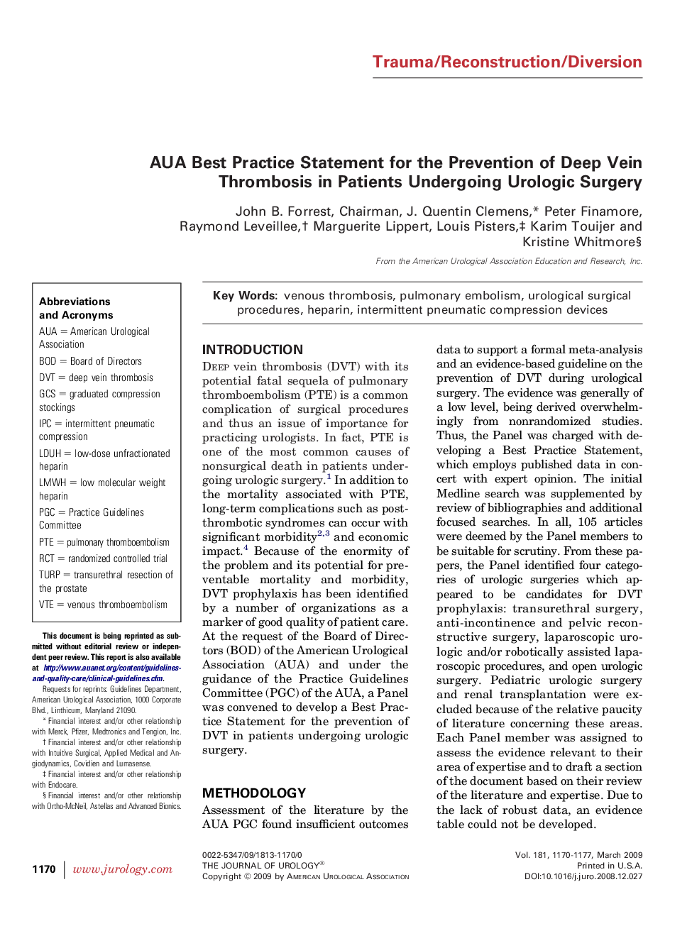 AUA Best Practice Statement for the Prevention of Deep Vein Thrombosis in Patients Undergoing Urologic Surgery