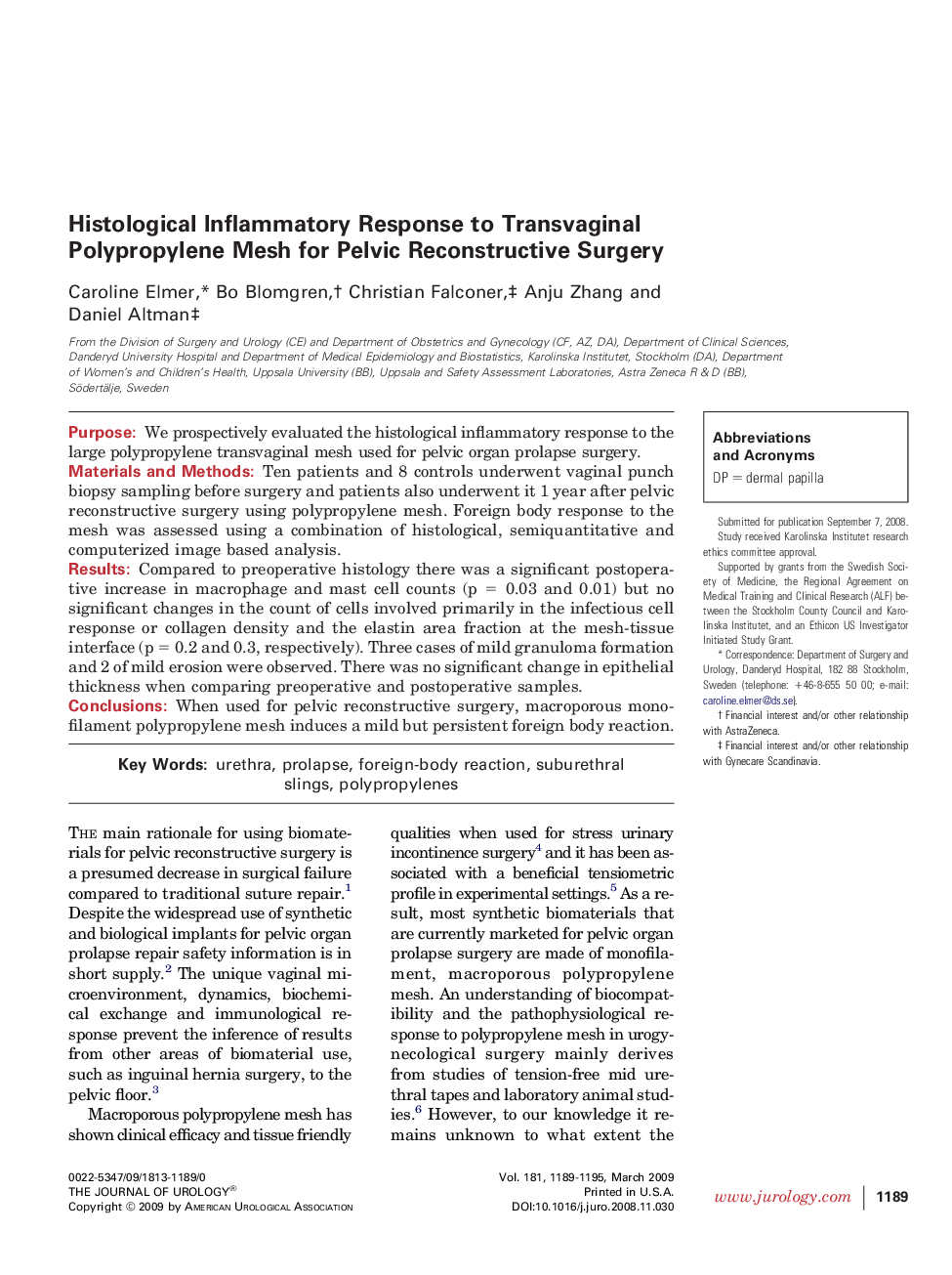 Histological Inflammatory Response to Transvaginal Polypropylene Mesh for Pelvic Reconstructive Surgery