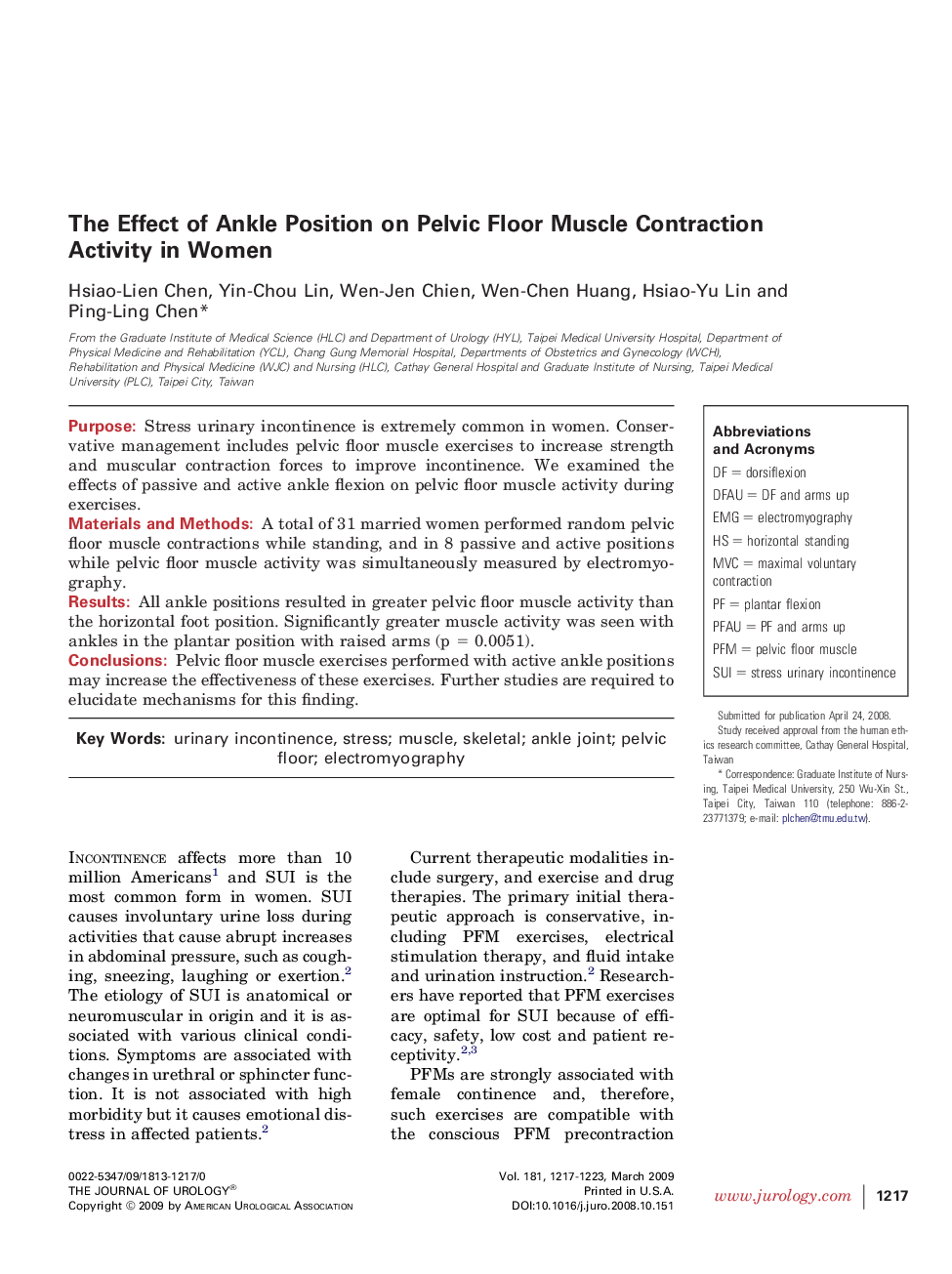 The Effect of Ankle Position on Pelvic Floor Muscle Contraction Activity in Women 