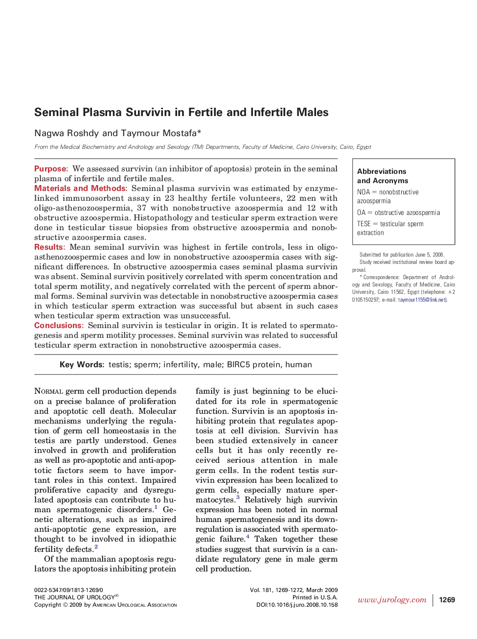 Seminal Plasma Survivin in Fertile and Infertile Males 