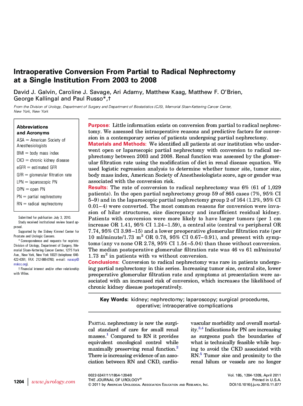 Intraoperative Conversion From Partial to Radical Nephrectomy at a Single Institution From 2003 to 2008