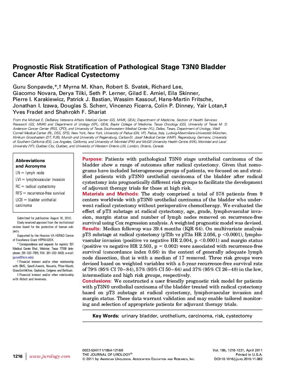 Prognostic Risk Stratification of Pathological Stage T3N0 Bladder Cancer After Radical Cystectomy 