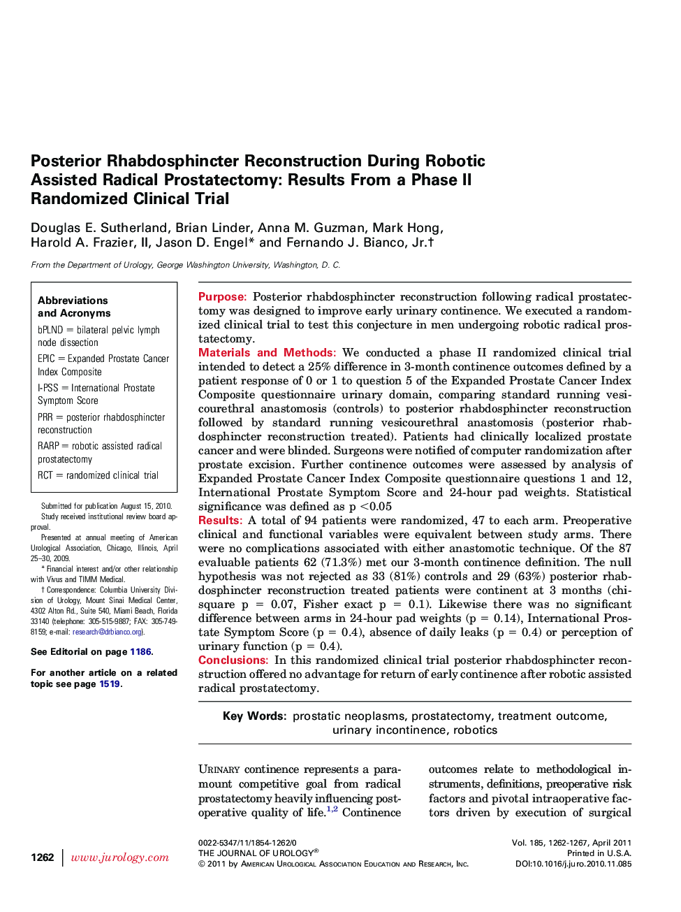 Posterior Rhabdosphincter Reconstruction During Robotic Assisted Radical Prostatectomy: Results From a Phase II Randomized Clinical Trial