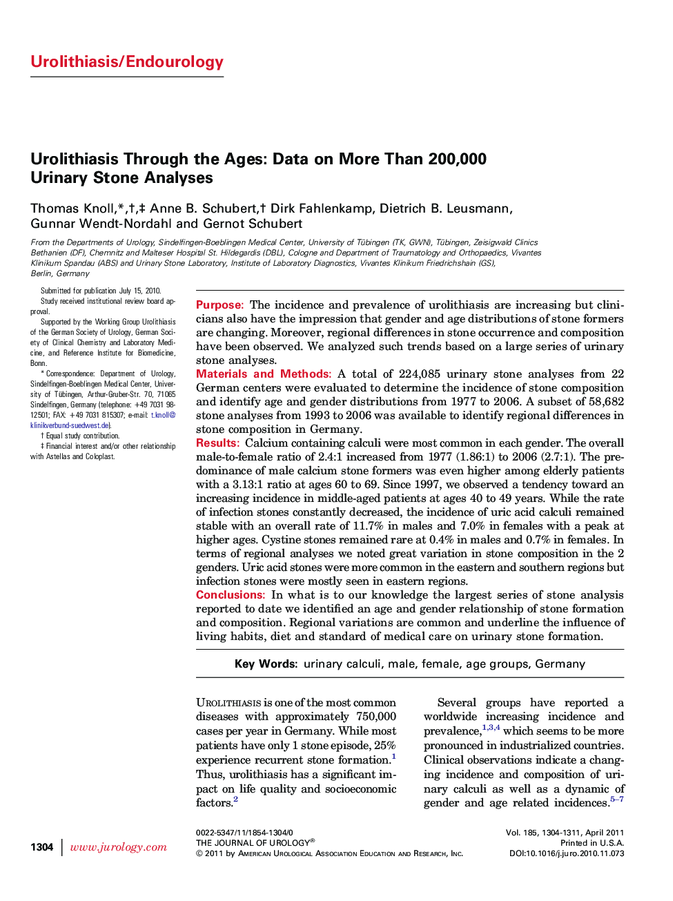 Urolithiasis Through the Ages: Data on More Than 200,000 Urinary Stone Analyses 