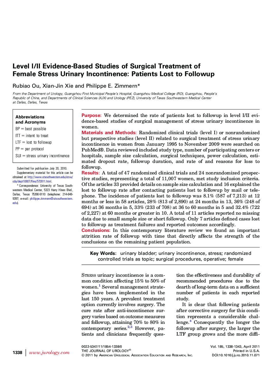Level I/II Evidence-Based Studies of Surgical Treatment of Female Stress Urinary Incontinence: Patients Lost to Followup 