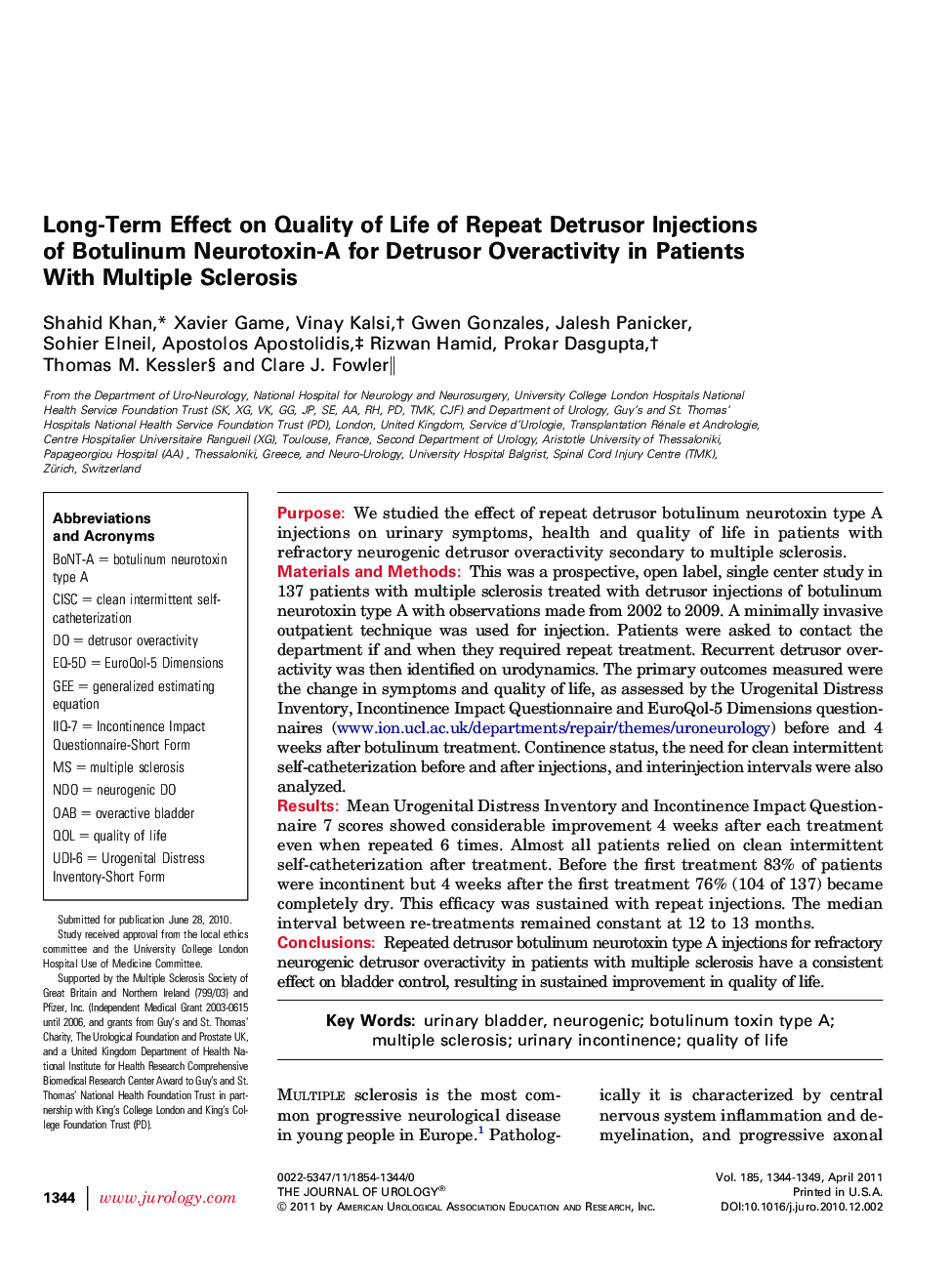 Long-Term Effect on Quality of Life of Repeat Detrusor Injections of Botulinum Neurotoxin-A for Detrusor Overactivity in Patients With Multiple Sclerosis 