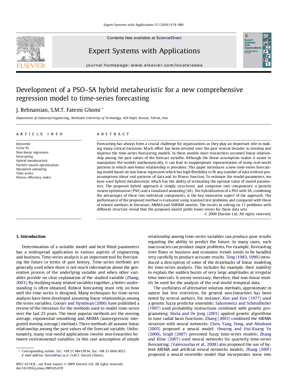 Development of a PSO–SA hybrid metaheuristic for a new comprehensive regression model to time-series forecasting