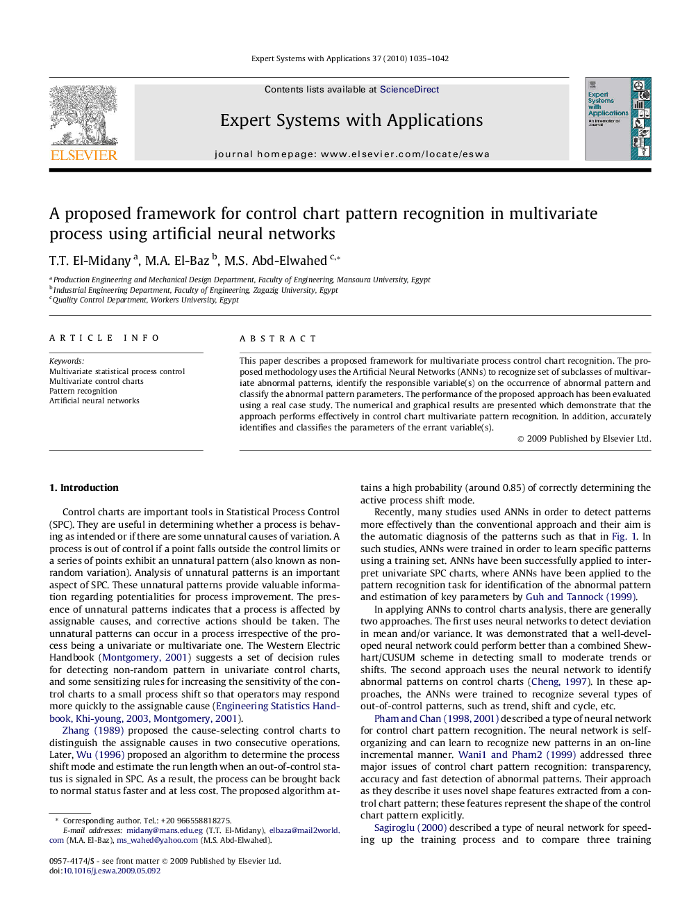 A proposed framework for control chart pattern recognition in multivariate process using artificial neural networks