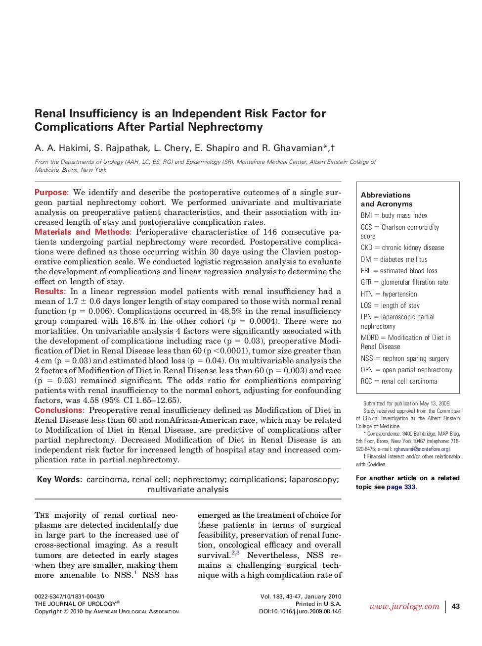 Renal Insufficiency is an Independent Risk Factor for Complications After Partial Nephrectomy 