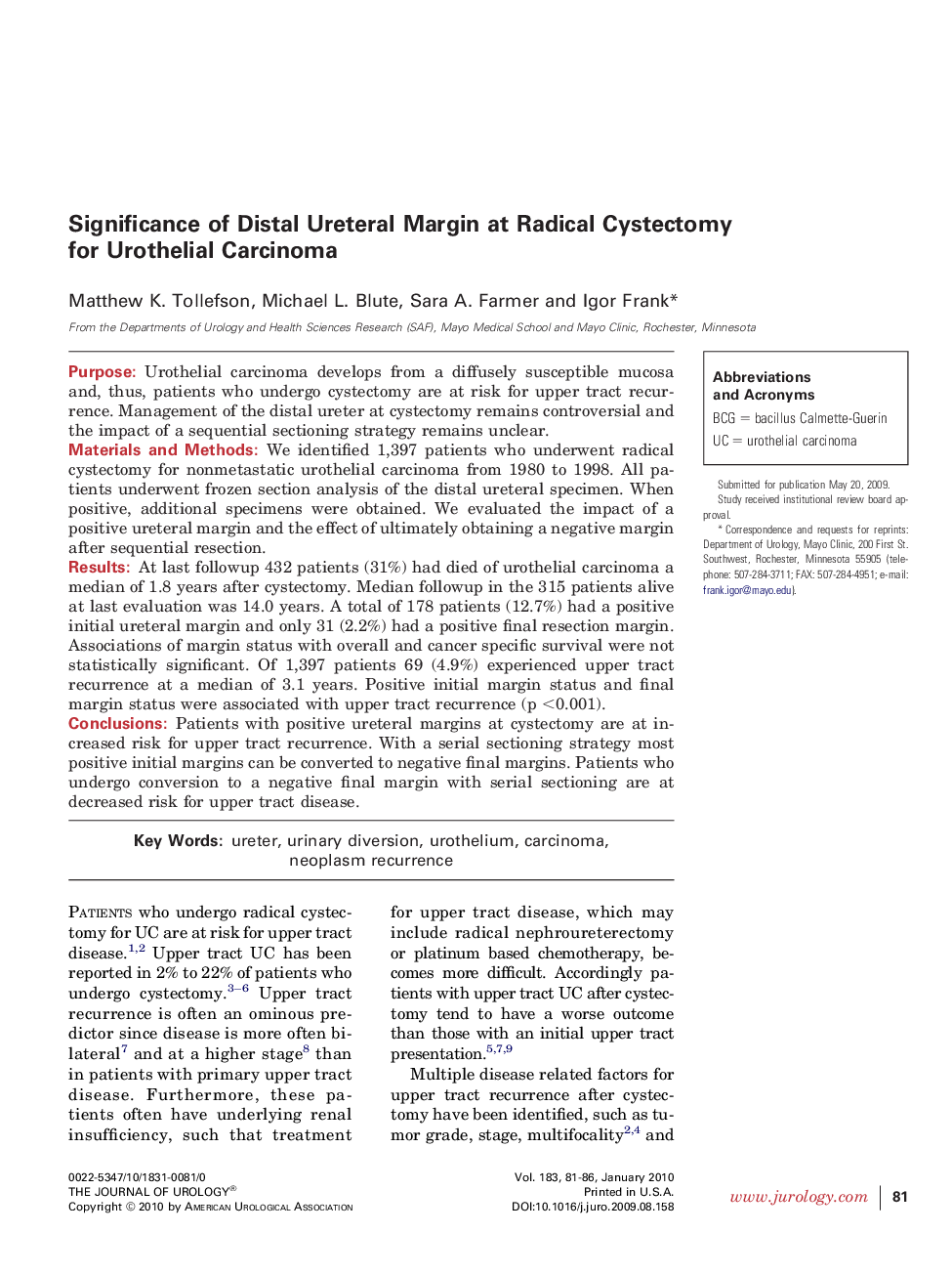 Significance of Distal Ureteral Margin at Radical Cystectomy for Urothelial Carcinoma