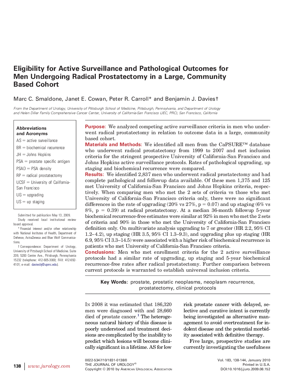 Eligibility for Active Surveillance and Pathological Outcomes for Men Undergoing Radical Prostatectomy in a Large, Community Based Cohort 