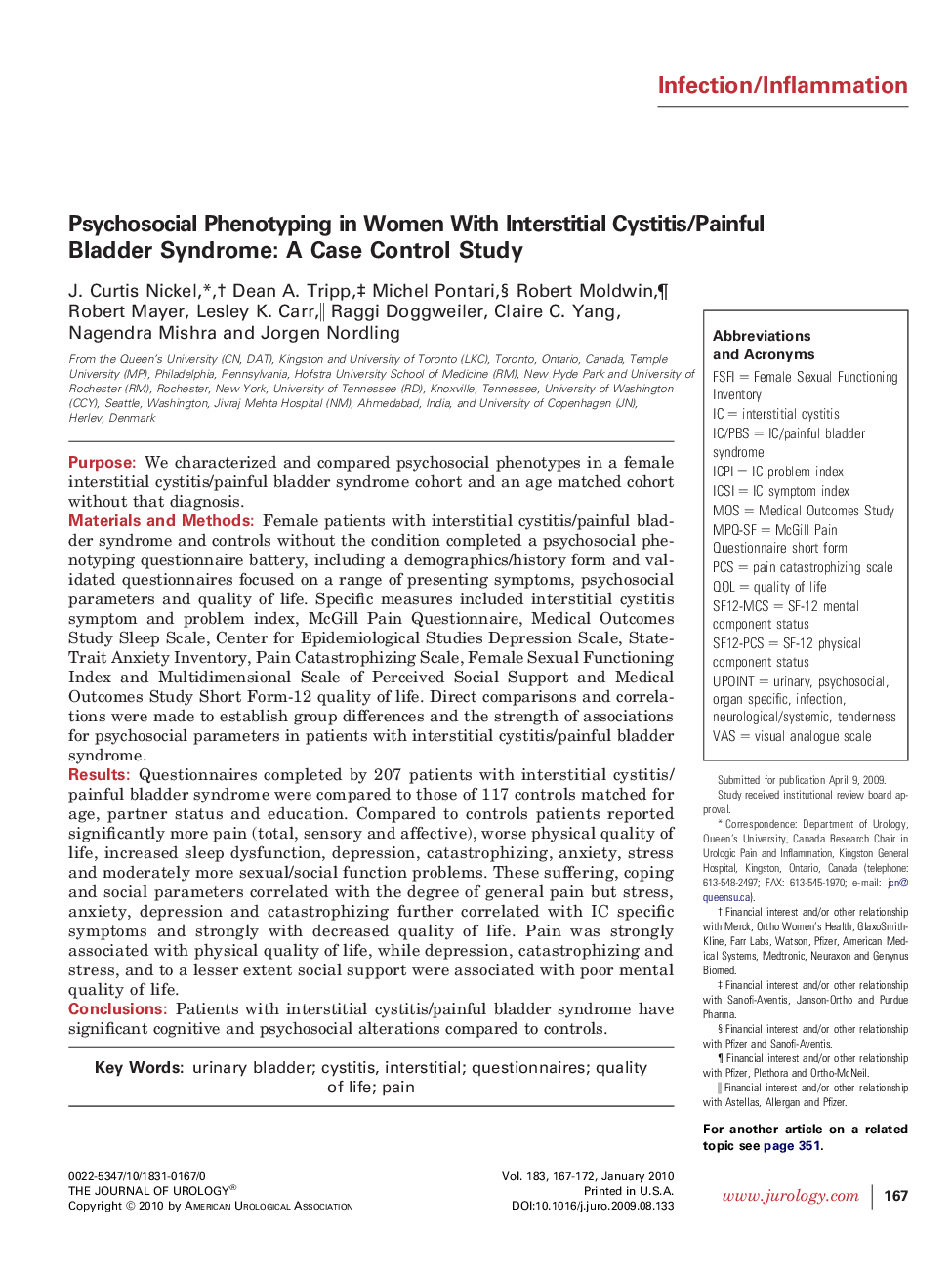 Psychosocial Phenotyping in Women With Interstitial Cystitis/Painful Bladder Syndrome: A Case Control Study