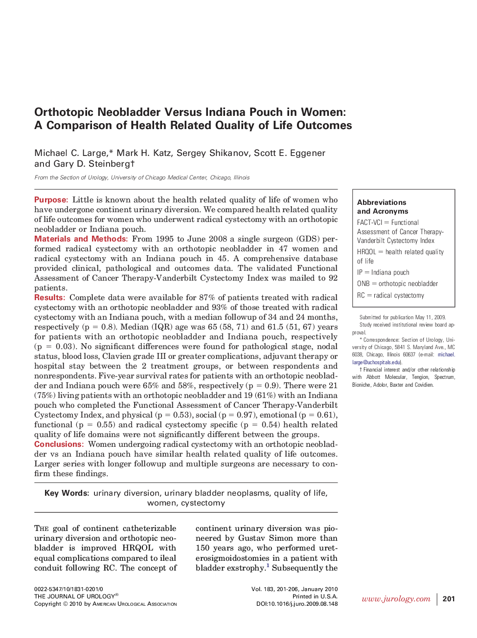 Orthotopic Neobladder Versus Indiana Pouch in Women: A Comparison of Health Related Quality of Life Outcomes 