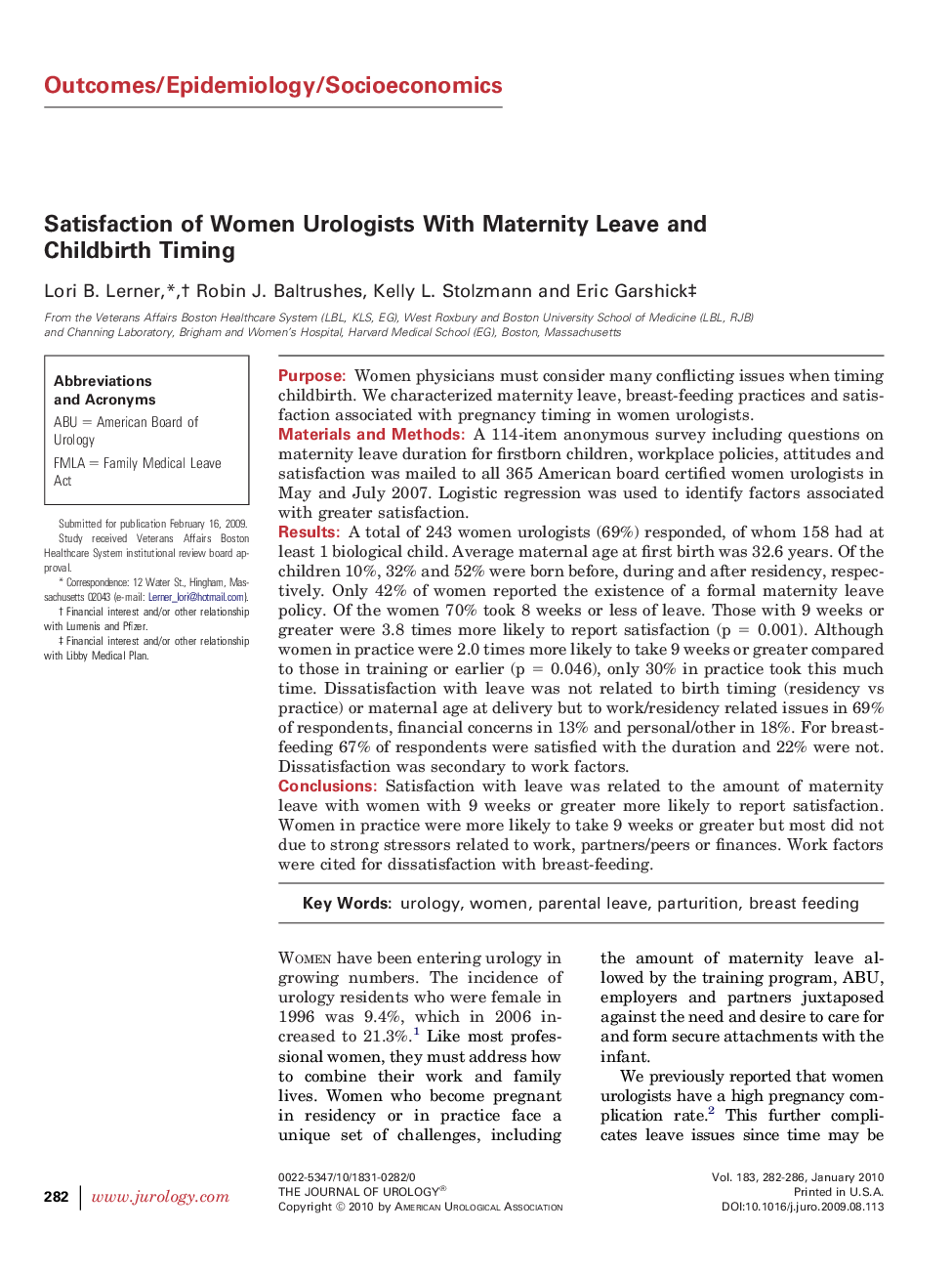 Satisfaction of Women Urologists With Maternity Leave and Childbirth Timing 