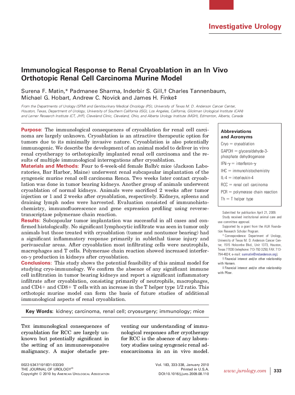 Immunological Response to Renal Cryoablation in an In Vivo Orthotopic Renal Cell Carcinoma Murine Model