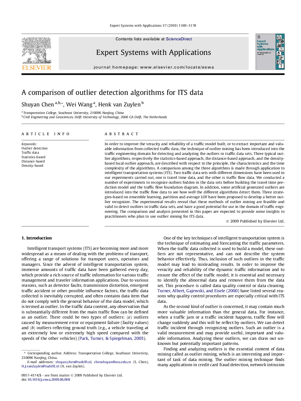 A comparison of outlier detection algorithms for ITS data