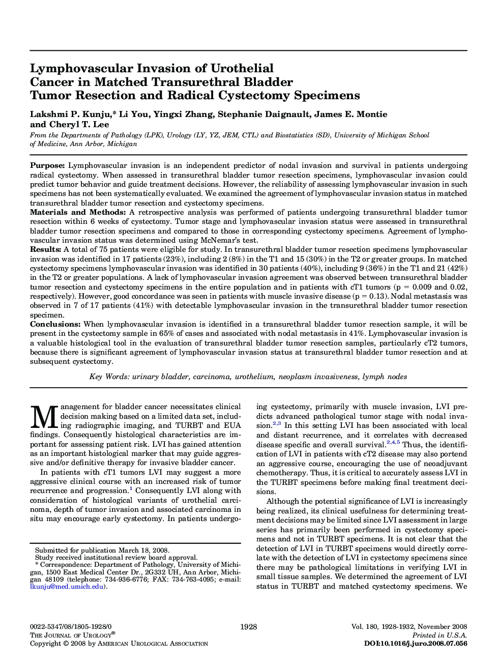 Lymphovascular Invasion of Urothelial Cancer in Matched Transurethral Bladder Tumor Resection and Radical Cystectomy Specimens 