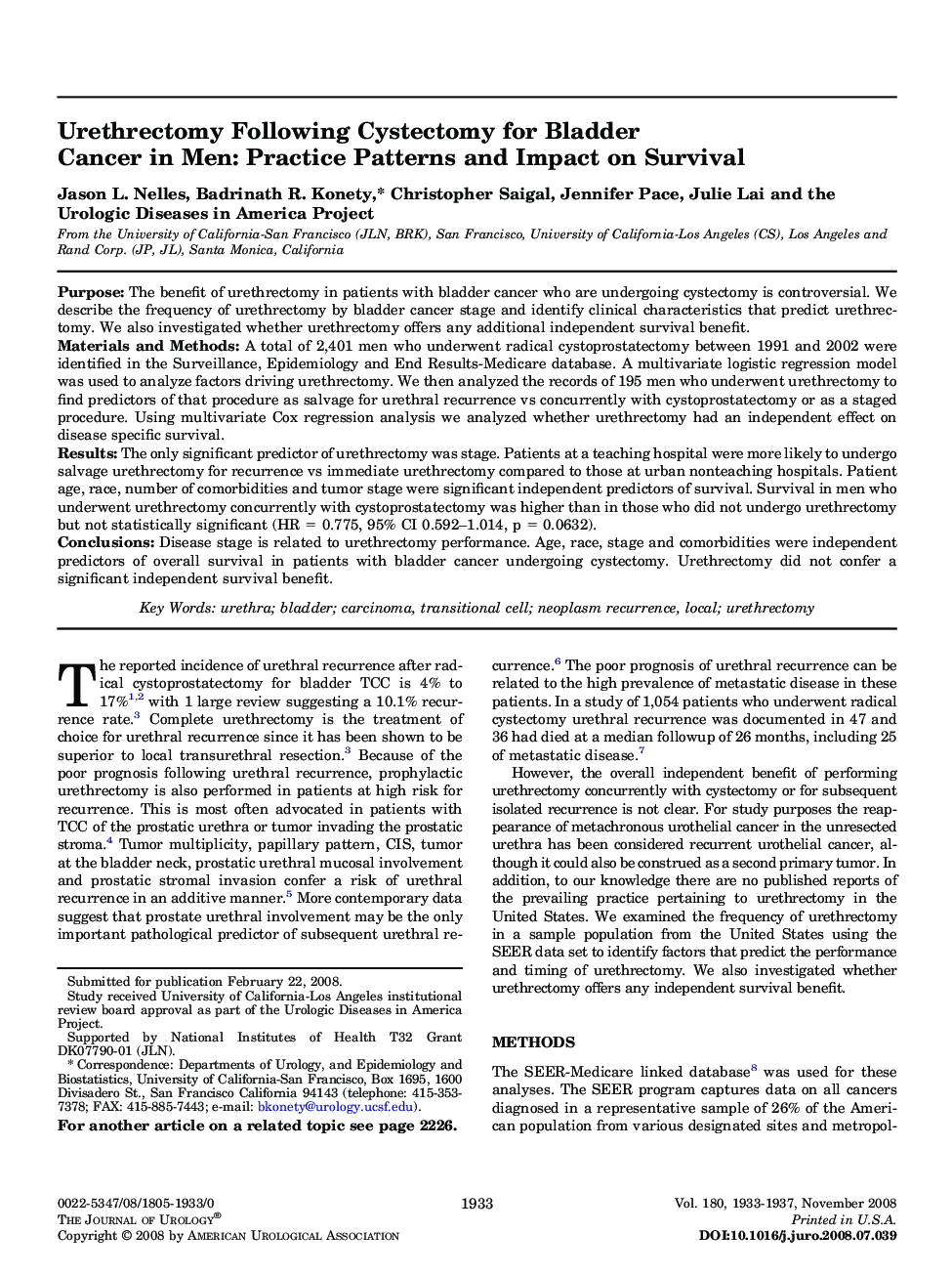 Urethrectomy Following Cystectomy for Bladder Cancer in Men: Practice Patterns and Impact on Survival 