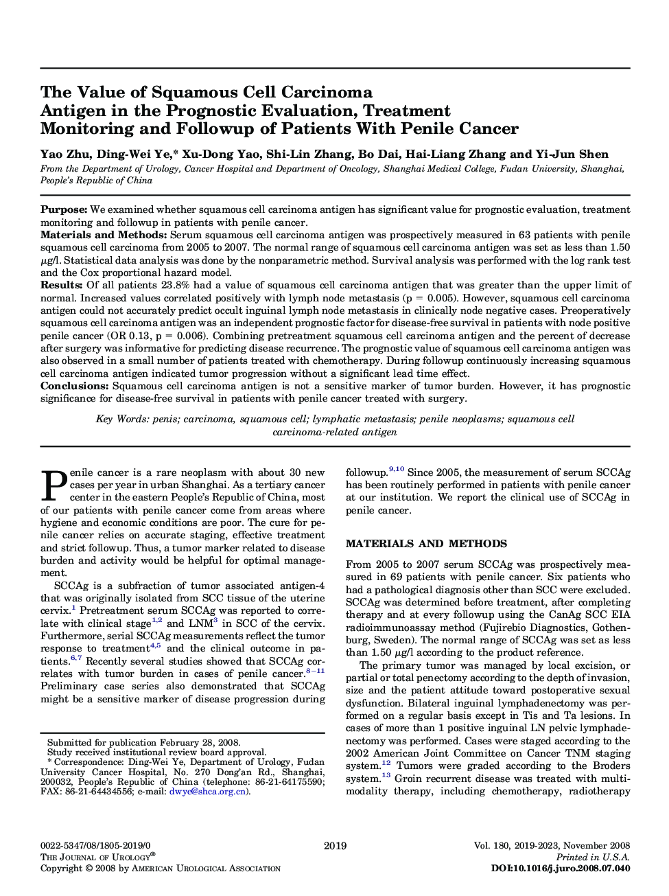 عکس صفحه اول مقاله: The Value of Squamous Cell Carcinoma Antigen in the Prognostic Evaluation, Treatment Monitoring and Followup of Patients With Penile Cancer The Value of Squamous Cell Carcinoma Antigen in the Prognostic Evaluation, Treatment Monitoring and Followup of Patients With Penile Cancer