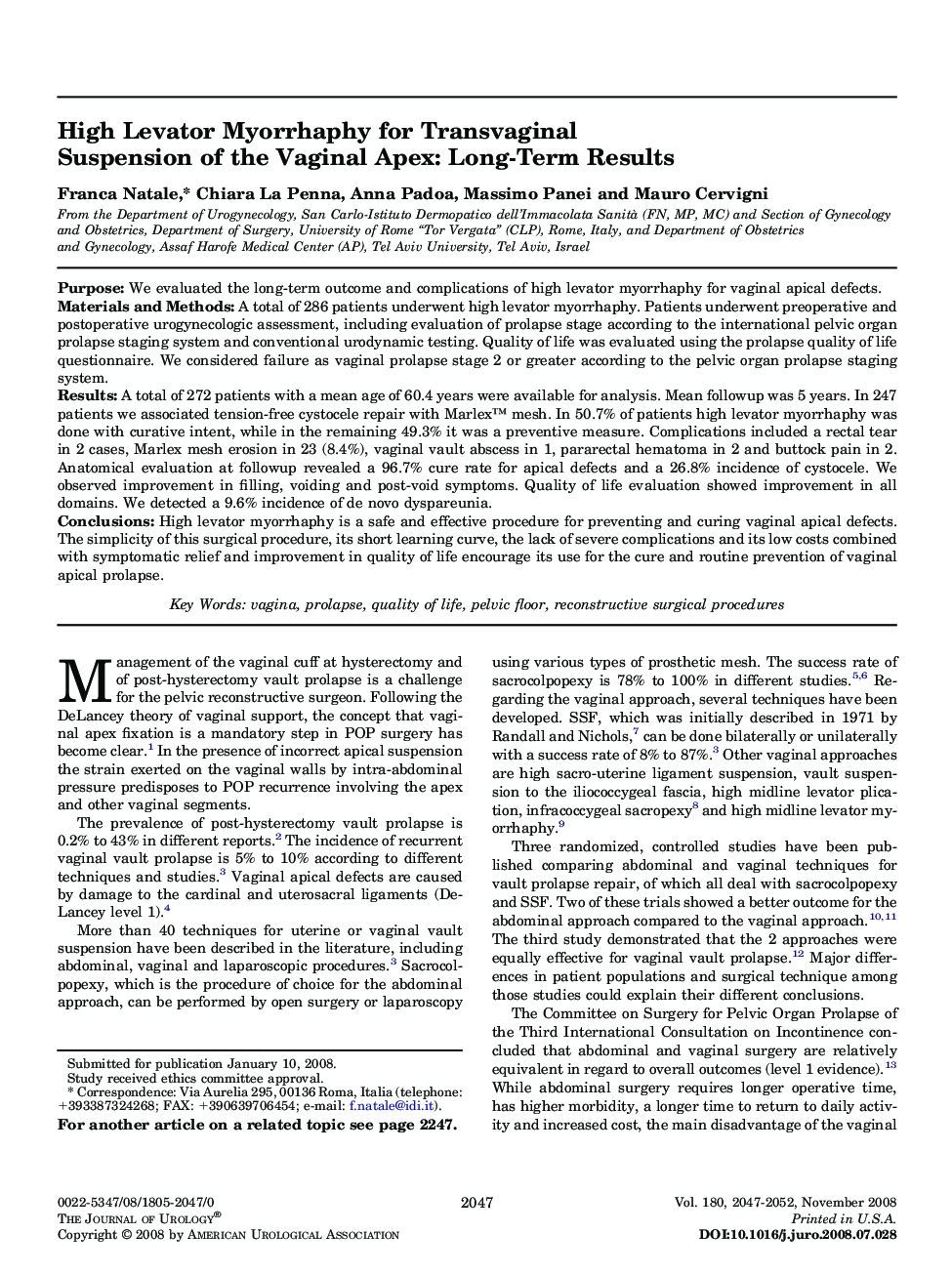 High Levator Myorrhaphy for Transvaginal Suspension of the Vaginal Apex: Long-Term Results