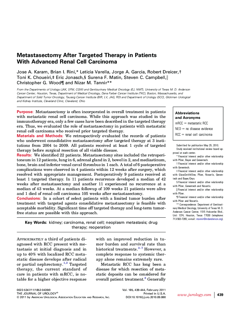 Metastasectomy After Targeted Therapy in Patients With Advanced Renal Cell Carcinoma 