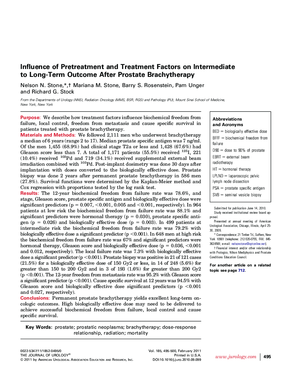 Influence of Pretreatment and Treatment Factors on Intermediate to Long-Term Outcome After Prostate Brachytherapy