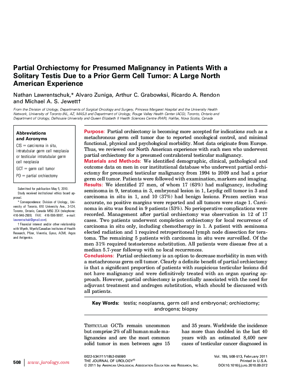 Partial Orchiectomy for Presumed Malignancy in Patients With a Solitary Testis Due to a Prior Germ Cell Tumor: A Large North American Experience 