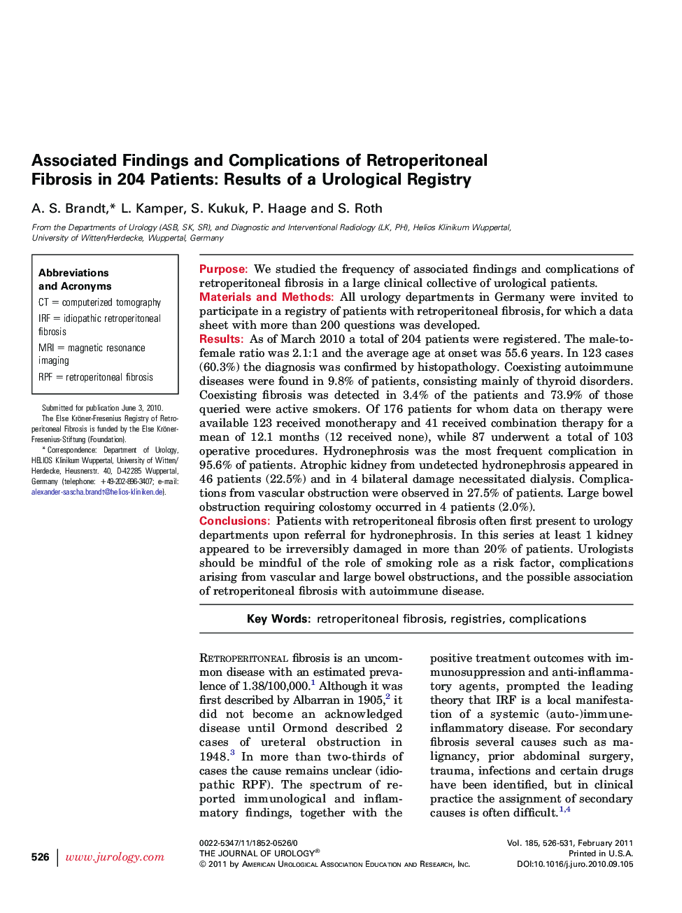 Associated Findings and Complications of Retroperitoneal Fibrosis in 204 Patients: Results of a Urological Registry 