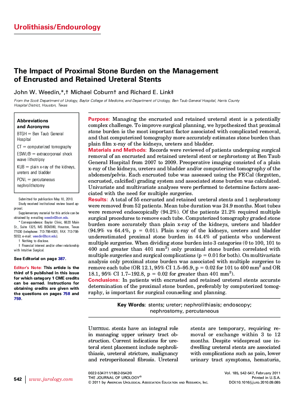 The Impact of Proximal Stone Burden on the Management of Encrusted and Retained Ureteral Stents 