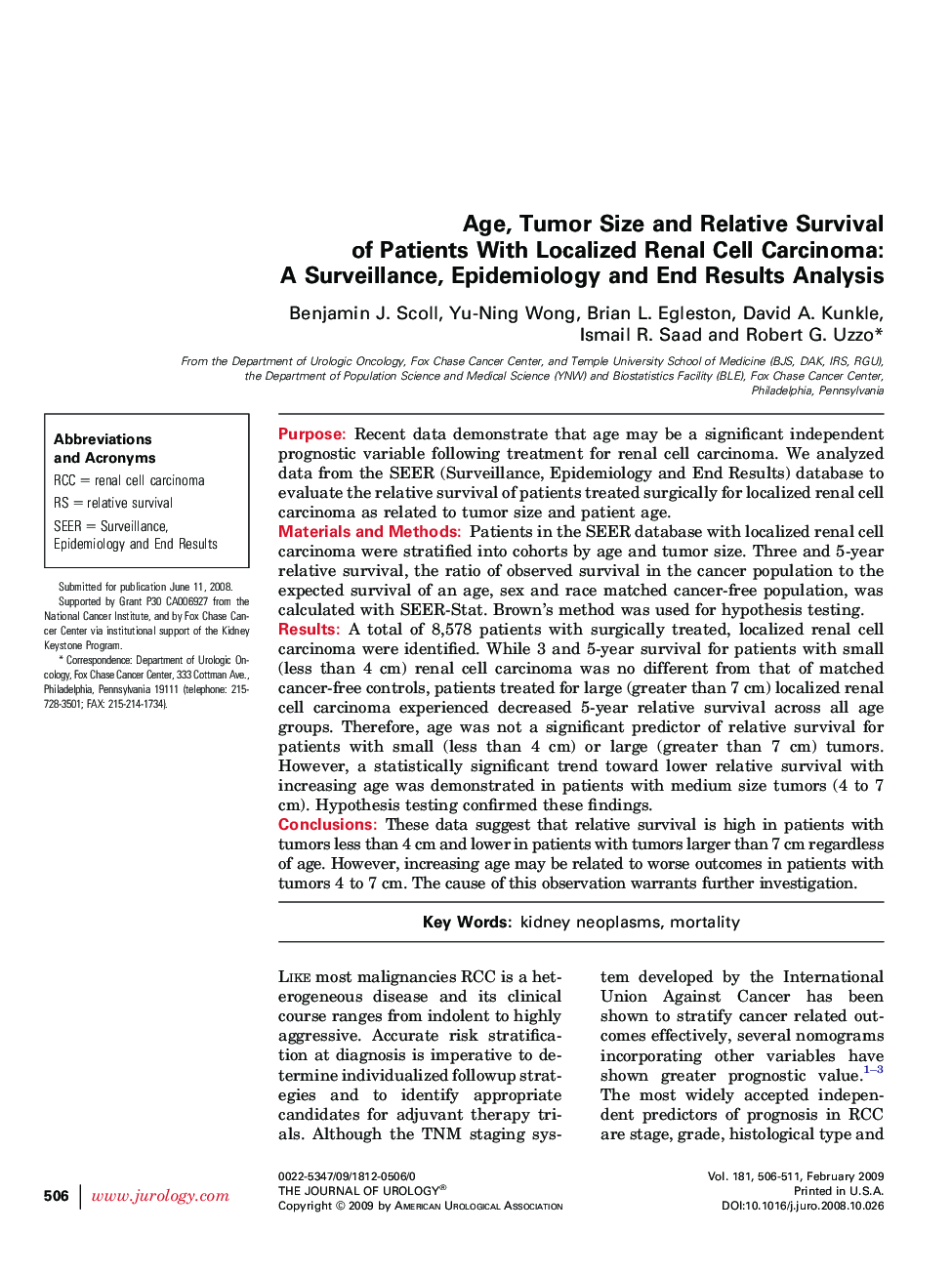 Age, Tumor Size and Relative Survival of Patients With Localized Renal Cell Carcinoma: A Surveillance, Epidemiology and End Results Analysis 