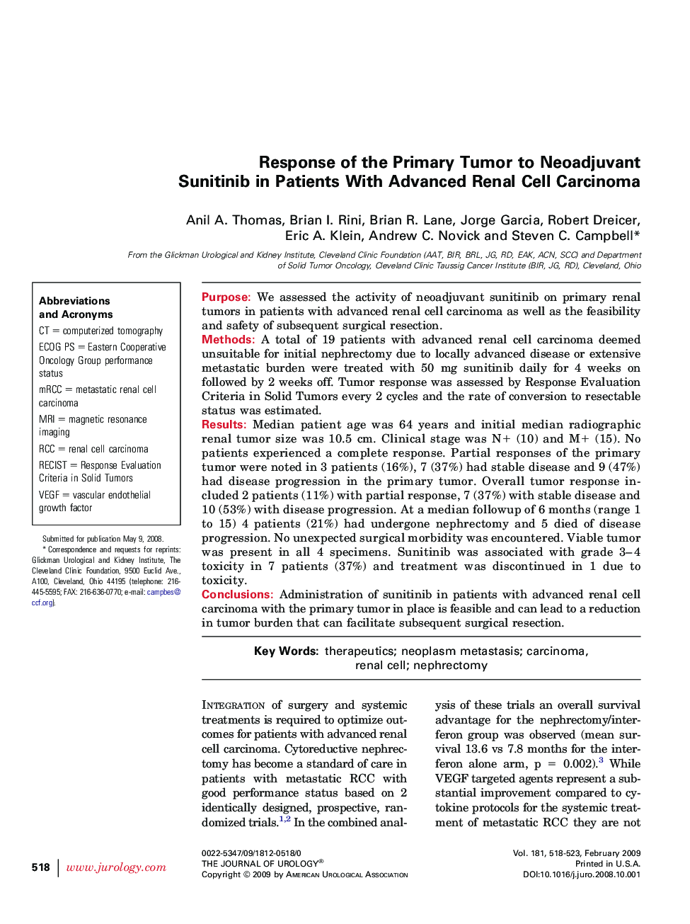 Response of the Primary Tumor to Neoadjuvant Sunitinib in Patients With Advanced Renal Cell Carcinoma