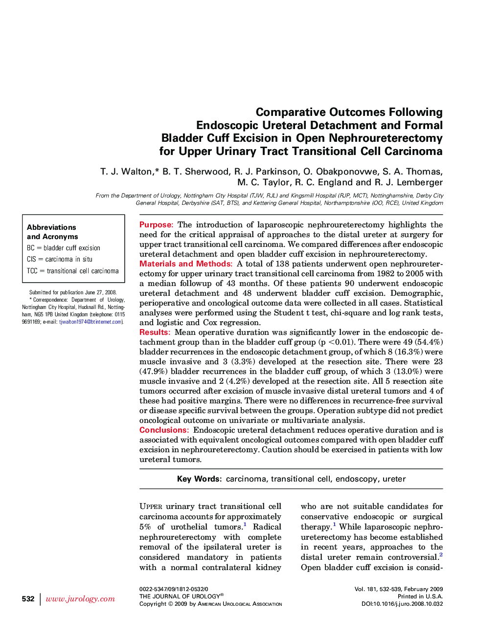 Comparative Outcomes Following Endoscopic Ureteral Detachment and Formal Bladder Cuff Excision in Open Nephroureterectomy for Upper Urinary Tract Transitional Cell Carcinoma