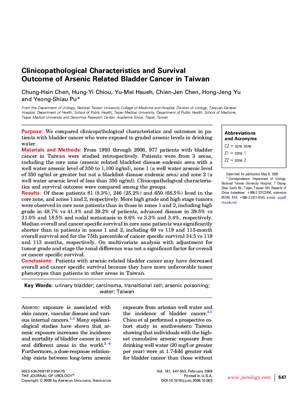 Clinicopathological Characteristics and Survival Outcome of Arsenic Related Bladder Cancer in Taiwan