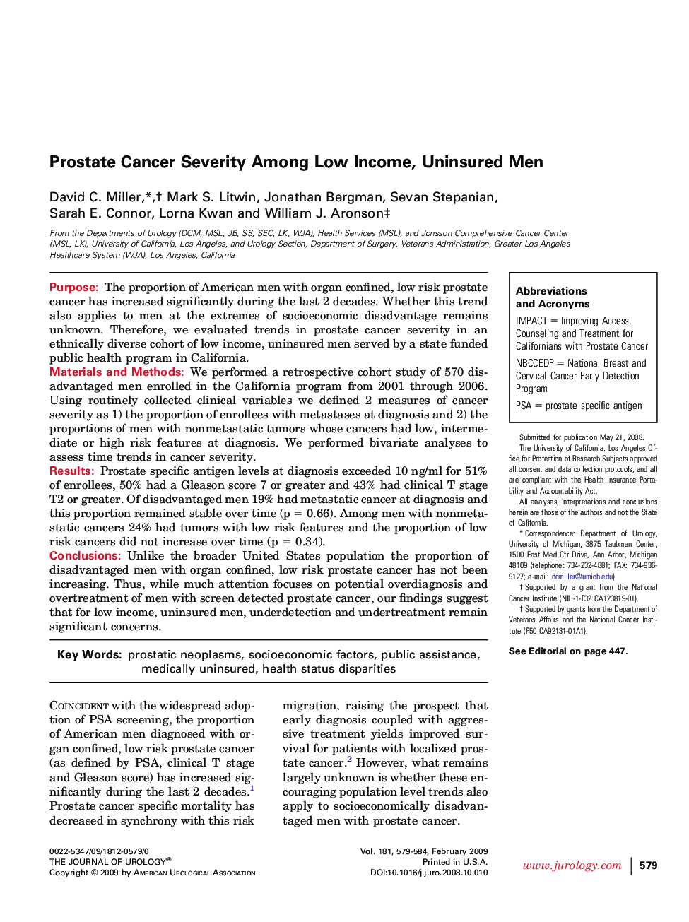 Prostate Cancer Severity Among Low Income, Uninsured Men 