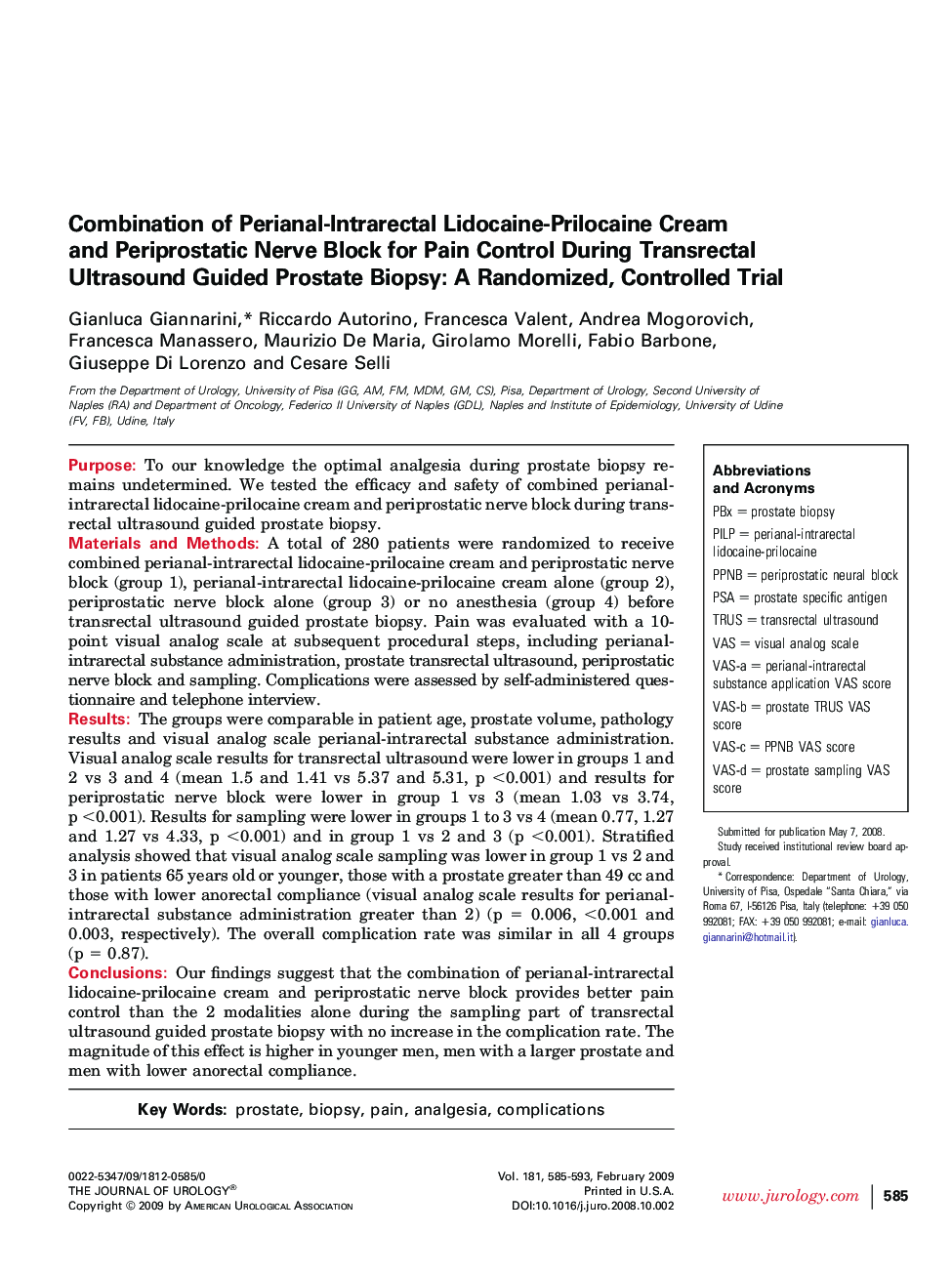 Combination of Perianal-Intrarectal Lidocaine-Prilocaine Cream and Periprostatic Nerve Block for Pain Control During Transrectal Ultrasound Guided Prostate Biopsy: A Randomized, Controlled Trial 