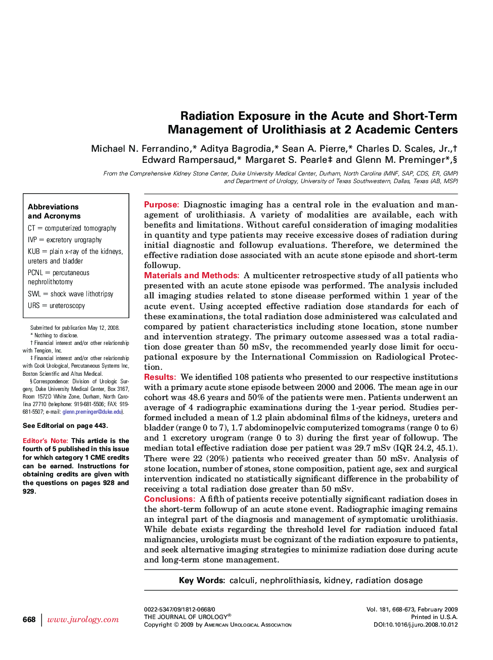 Radiation Exposure in the Acute and Short-Term Management of Urolithiasis at 2 Academic Centers 